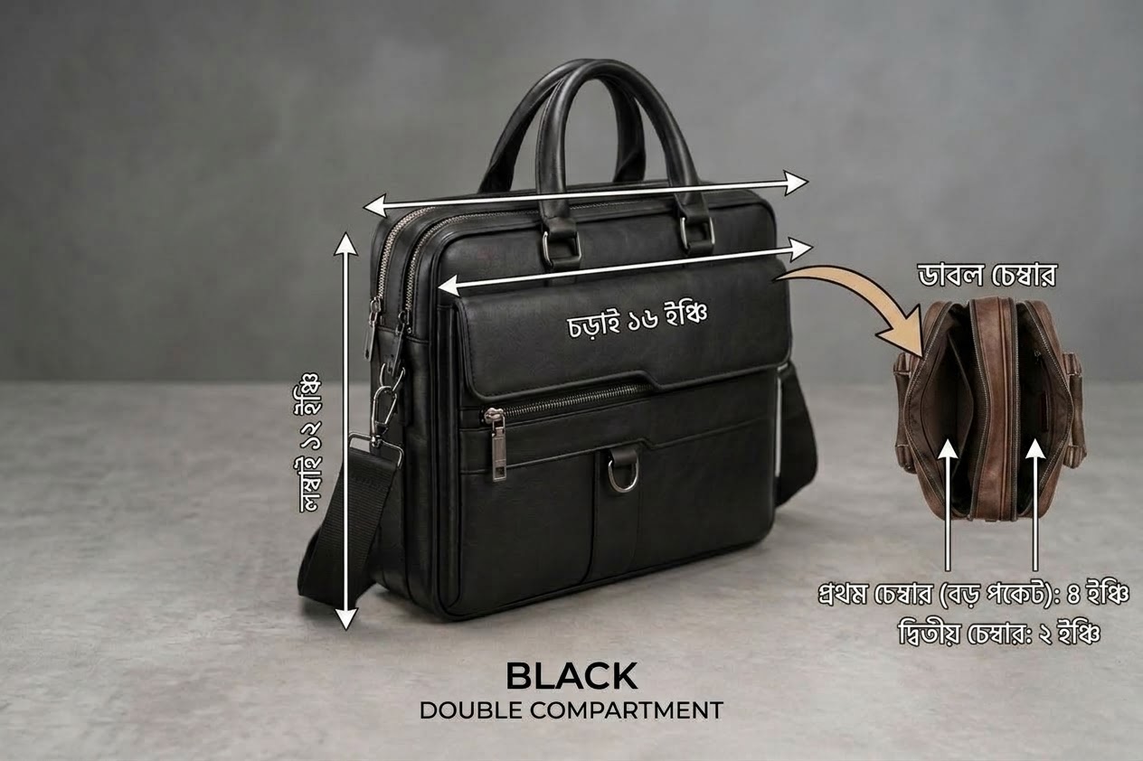(Black Double Chember) Premium Artificial Leather Bag 16"/12"/6" ....(Code 612) ঢাকা সিটিতে ৭০, বাইরে ১৩০ টাকা কুরিয়ার চার্জ প্রযোজ্য